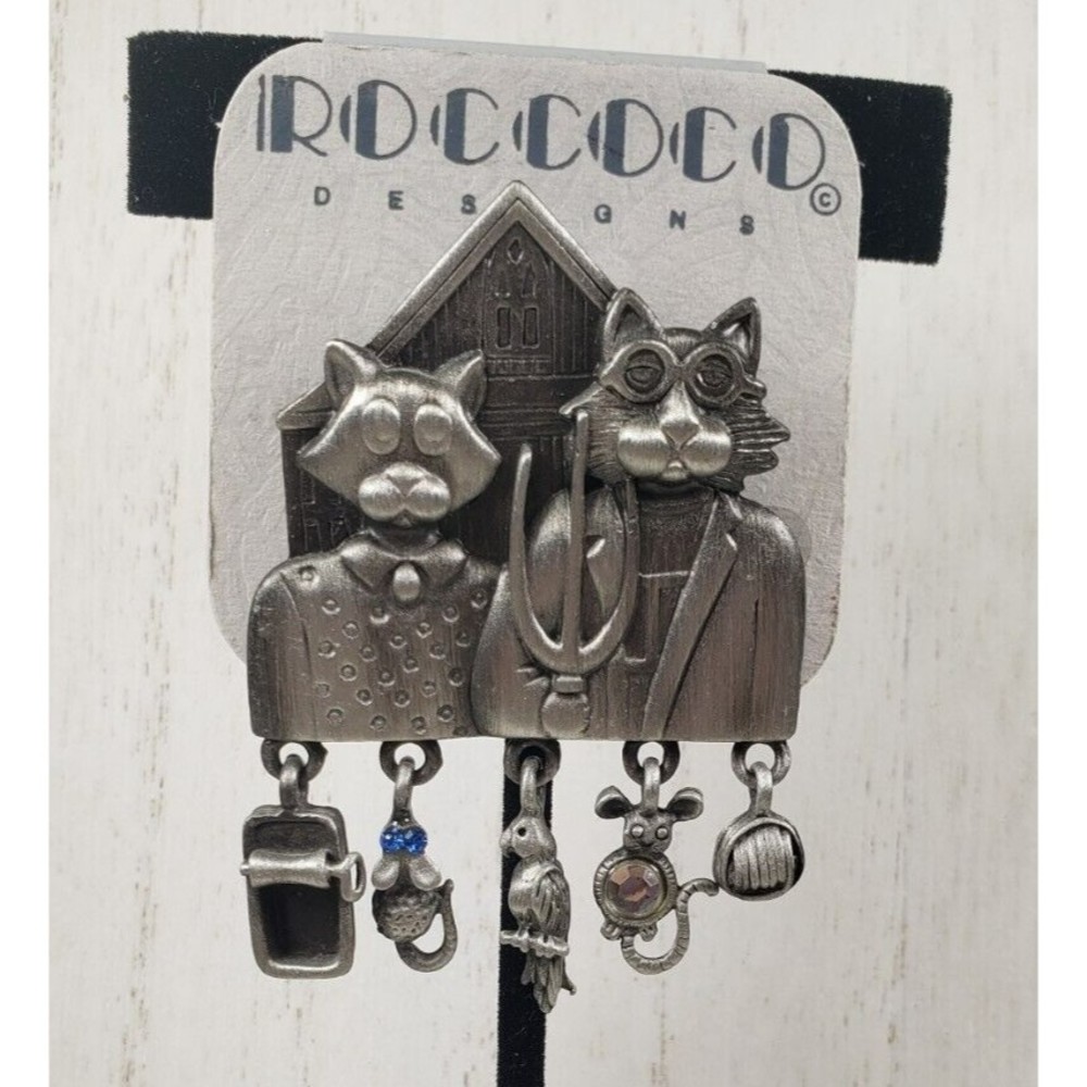 Vintage AJC Pewter Cat Brooch American Gothic Dangle Details Brooch Pin